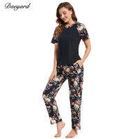 Daeyard Women Print Pajama Set Knitted Cotton Patchwork Short Sleeve T-Shirt And Trousers 2Pcs Sleepwear Fashion Floral Homewear