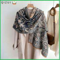 QIZUI ผ้าแคชเมียร์เทียม ผ้าพันคอดอกไม้มะม่วงหิมพานต์ เสื้อคลุมสีขาว ฤดูหนาวในฤดูหนาว ผ้าคลุมไหล่สำหรับสตรี สะดวกสบายสบายๆ ผ้าพันคออุ่นๆ สำหรับผู้หญิง