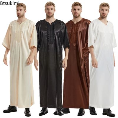 เสื้อคลุมผู้ชายแฟชั่นคาฟตันของมุสลิมชุดคลุมผ้าซาตินปักลาย Jua Thobe Arab Sedi Eid Ramadan มุสลิมชุดคลุมยาวอิสลามชุดอาบาบายาแบบหลวม