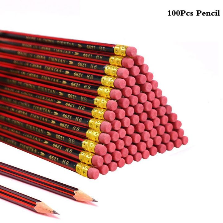 ดินสอเอชบีไม้ชิ้น-ล็อต100ดินสอกับยางลบดินสอวาดเขียนเด็กการเขียนในห้องเรียนเครื่องเขียน
