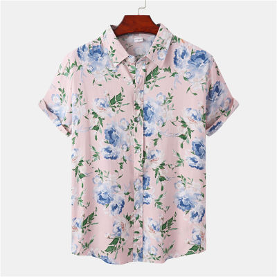 เสื้อลายดอกไม้สีชมพูผู้ชาย camisa masculina 2022ฤดูร้อนลำลองแขนสั้นปุ่มลงเสื้อฮาวายผู้ชาย Beach PARTY เสื้อผ้า XXXL