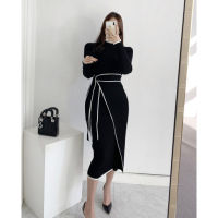 SMTHMA 2021 New Autumn Winter Korean Style Temperament Dress Ladies Slim Waist Lace-Up Knitted Mid-Length Sweater Dress Vestidos