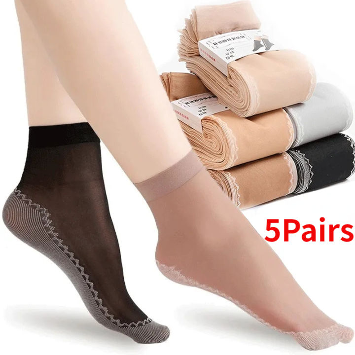 ถุงเท้าผ้าไหมกำมะหยี่ถุงเท้าเนื้อนุ่มสำหรับผู้หญิง-ถุงเท้าแบบระบายอากาศบางเฉียบโปร่งใสพื้นประกบกันลื่นด้านล่างสำหรับฤดูร้อน5คู่