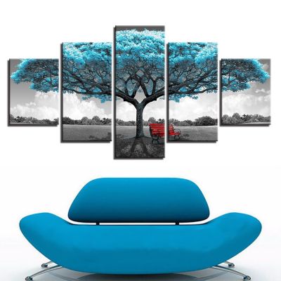 ผ้าใบศิลปะติดผนัง5ชิ้นงานพิมพ์ Maison สีฟ้ารูปภาพเก้าอี้สีแดงต้นไม้ใหญ่โปสเตอร์ภูมิทัศน์0717 5F