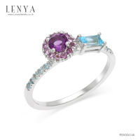 Lenya Jewelry  แหวนเงินแท้ 925 ชุบทองคำขาว ประดับพลอย อเมทิสต์, บูลโทแพซ ตัวเรือนเงินแท้