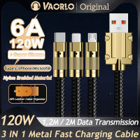 VAORLO สายสายชาร์จเร็ว3อิน1 6A 120W สายถักโลหะ USB กับสายเครื่องชาร์จยูเอสบีรองรับไมโคร USB ชนิด C สำหรับ Xiaomi Redmi Huawei Infinix Oppo Vivo สามารถใส่ได้กับ iPhone