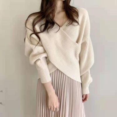 Korean Cross Loose Long Sleeve Sweater Sexy V-neck Solid Color Sweater
