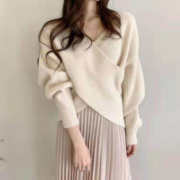 korean-cross-loose-long-sleeve-sweater-sexy-v-neck-solid-color-sweater