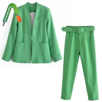 Adherebling Woman 2021 Casual Traf Outfits Female Autumn Slim Blazers + Ankle Length Pants Suits OL Style 2 Pie Sets Green