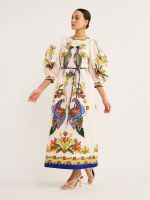 HOT★Colorful Printed Lantern Sleeve Dress Women Belts O-neck Split Vacation Beach Dress Female Summer Colorful Long A-line Vestidos