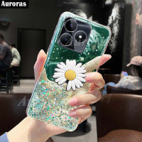 เคสมือถือสำหรับ Realme ฝาหลัง C51กากเพชรส่องแสงเป็นประกายระยิบระยับดวงจันทร์ดอกเบญจมาศซิลิโคนใสพับเป็นขาตั้งสำหรับ Realme C51เคสโทรศัพท์