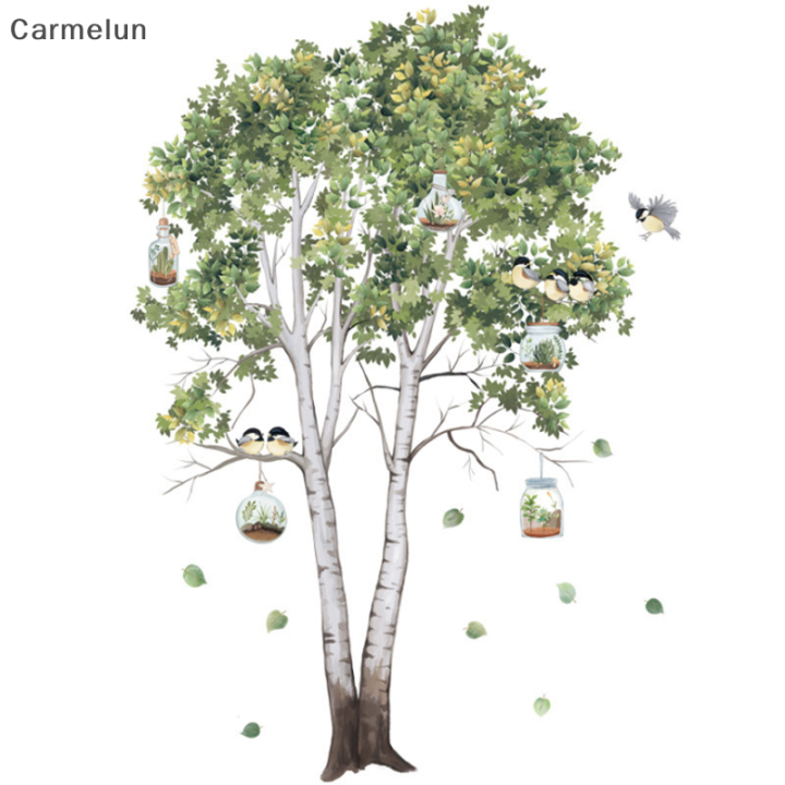 carmelun-สติ๊กเกอร์ติดผนังใบไม้สีเขียวต้นเบิร์ช-hiasan-kamar-โปสเตอร์บ้านนกตกต่งโปสเตอร์ห้องรับแขกห้องนอนผนัง-pvc