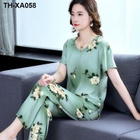 Mother middle-aged and old cotton silk pajamas suits female summer leisure wear loose silk printing the elderly can be wear outside