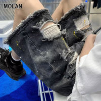 MOLAN Celana Pendek Denim ซักของผู้ชาย Celana Pendek Denim ตรงหล่อ