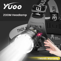 Yuoo ไฟหน้า50000LM ที่มีประสิทธิภาพ XHP70เซ็นเซอร์ไฟหน้ารถมอเตอร์ไซค์แบบ LED กลางแจ้งยูเอสบีกันน้ำชาร์จใหม่ได้ซูมไฟฉายรัดศีรษะใช้18650ปะทะ