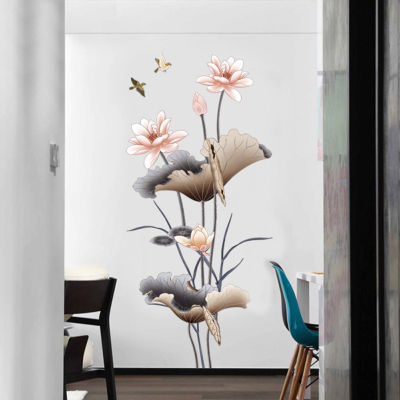 สติกเกอร์กำแพงดอกไม้บัวสไตล์จีนการตกแต่งบ้านสติกเกอร์ติดผนัง Self Adhesive Wallpaper สำหรับห้องนั่งเล่นห้องนอน