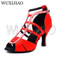 WUXIJIAO ใหม่สีขาวซาตินรองเท้าเต้นรำละตินผู้หญิง Salsa Rhinestone รองเท้าเต้นรำสำหรับผู้หญิงห้องบอลรูมเต้นรำรองเท้าส้น5ซม.-10ซม.