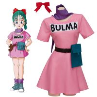 Bulma Cosplay Costume Pink Dress Headwear Purple Scarf Belt Bag Full Set For Womens Halloween Cosplay Costume