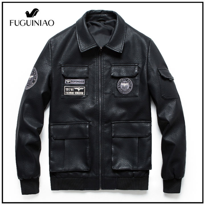 fuguiniao-แจ็คเก็ตหนังนักบินเกาหลีปักลายป้ายเสื้อโค้ทหนัง-m-5xl