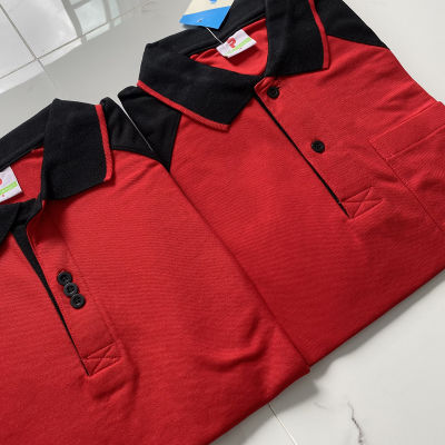 เสื้อโปโลผู้ชาย Men Polo Shirt Plain Polo T Shirt Soft Pique Short Sleeve Tops For Men Side Vents สีแดงแขนดำ เนื้อผ้านุ่ม สวมใส่สบาย ซึ่งมีทั้งแบบชาย และแบบผู้หญิง