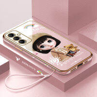 เคสมือถือปลอกสำหรับ Samsung Galaxy A14 5G พร้อมฝาหลังนิ่มเคลือบขอบสี่เหลี่ยมลายการ์ตูน + ฟรีสายคล้องสาวน่ารัก