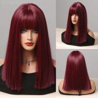 CharmSource Wine Red Synthetic Wigs Middle Long Straight Wig with Bangs for Women Cosplay Party Heat Resistant Fiber Fake Hair [ Hot sell ] Toy Center 2