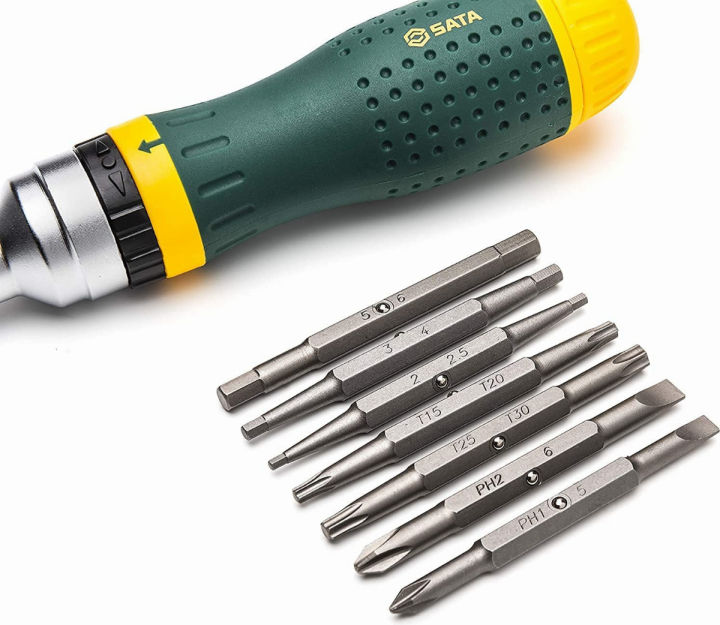 sata-19-in-1-multipurpose-ratcheting-screwdriver-set-with-8-double-sided-bits-and-a-green-and-yellow-oil-resistant-handle-st09350-10-piece-10-piece-set