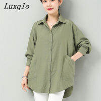 Luxqlo เสื้อแขนยาวผ้าฝ้ายขนาดใหญ่สำหรับผู้หญิง,เสื้อเชิ๊ตสตรีเข้ารูปลำลองทรงหลวมเสื้อใหม่เรียบง่ายสวมใส่สบายฤดูใบไม้ร่วง