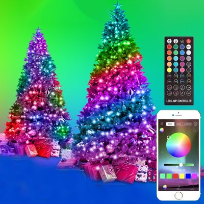 ไฟประดับสวยงามคริสมาสต์200 LED อัจฉริยะ20ม.,USB พวงดอกไม้ประดับไฟ RGB ควบคุมด้วย App รีโมทแอพพ์บลูทูธหลอดไฟประดับแบบสายลวดทองแดง
