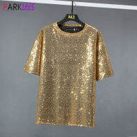 Mens Shiny Gold Sparkle Sequins 70S Disco Party Club เครื่องแต่งกาย T เสื้อแขนสั้น Glitter เสื้อยืด Hip Hop Streetwear Camiseta