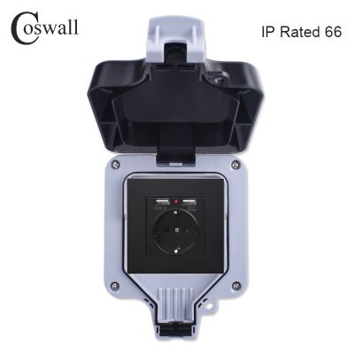 ☢❉☜ Coswall IP66 Weatherproof Waterproof Anti-UV Dust-proof Outdoor EU Standard Wall Socket With Dual USB Charging Surface Mounted