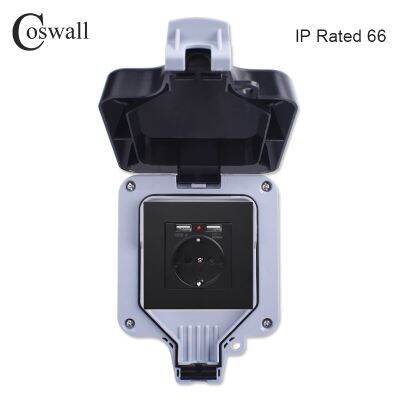 ☢❉☜ Coswall IP66 Weatherproof Waterproof Anti-UV Dust-proof Outdoor EU Standard Wall Socket With Dual USB Charging Surface Mounted