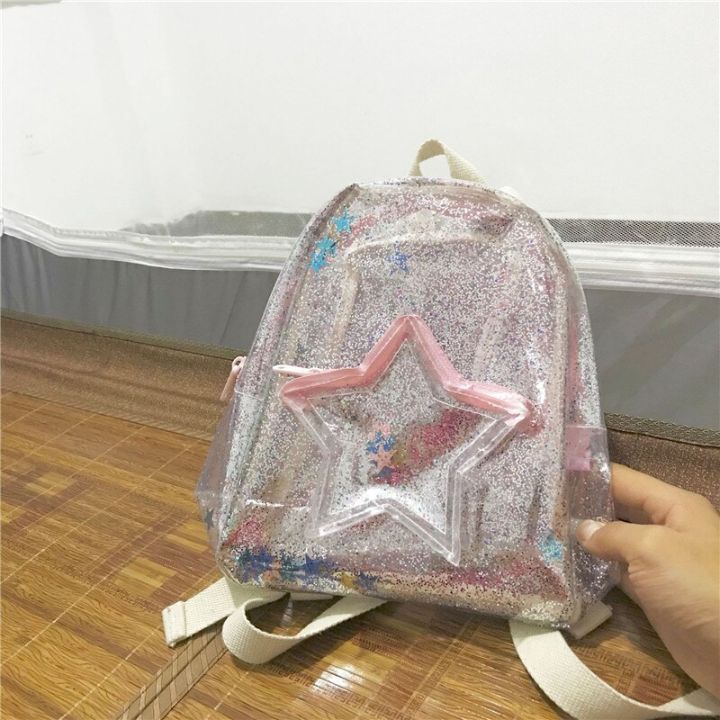 กระเป๋าเด็กผู้หญิง-กระเป๋าเป้สะพายหลังสีมินิโปร่งใสปักเลื่อมเป้รูปดาวกระเป๋านักเรียนของผู้หญิง