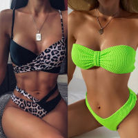 2022 y High Waist Bikini Leopard Print Bandeau Swimsuit Beachwear Solid Ribbed Brazilian Biquini Women Bathing Suit Swimwear