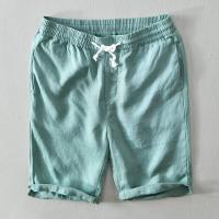 0806 กางเกงขาสั้นผูกเชือกแบบเรียบง่ายสำหรับผู้ชาย กางเกงขาตรงลำลองกางเกงชายหาดผ้าลินิน （ สินค้าคงคลังจะเหนือกว่า ）~