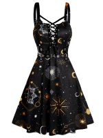 Summer Sun Moon Star Print Dress Lace Up Grommet Buckle Strap Crisscross High Waisted Fashion Mini Robe For Women