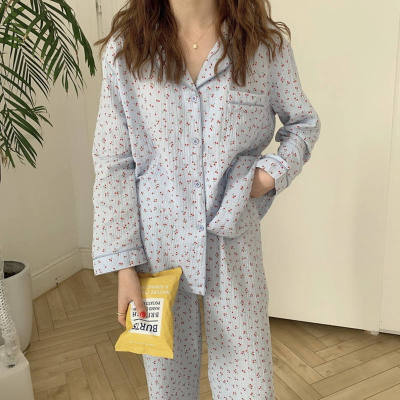 Alien Kitty Sweet Lovely Cherry Printed Loose Pajamas Women Autumn Winter  Home Wear Pure Cotton Fashion Long Sleeve Suit