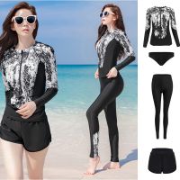 wisuwore 2023 Women Swimsuit Rash Guard Long Sleeve Long Pant Bathing Suit Leaf Printed 4 Pieces Surfing Wear Swimwear