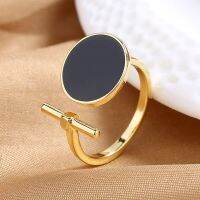 Womens Fashion Geometric Open Rings Accessory Black/White Round Epoxy Glossy Disk Female Trendy Golden Ring Jewelry Best Gifts