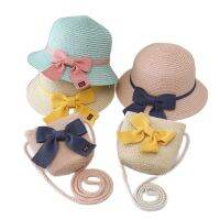 Fashion Parent-child Beach Caps bags New Womens Sun Hat Bucket cap beige Bowknot Flat top Straw Hat for Summer