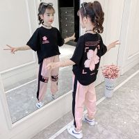 2023 girls Clothes Child Sports Suit Teen tracksuit loose flower t shirt tops + Ankle-tied pants striped 10 11 12 14 15 years