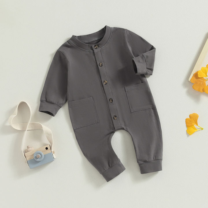ชุดหมีทารกแขนยาวสำหรับเด็กวัยหัดเดิน-baju-monyet-kancing-ด้านหน้ากางเกงที่มีกระเป๋าเสื้อผ้าทารกแรกเกิดที่น่ารัก