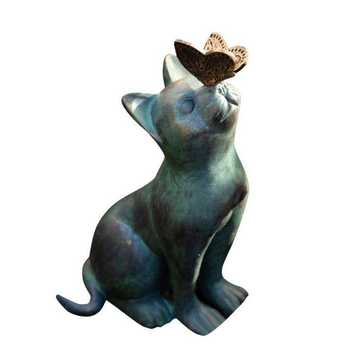 Outdoor Cat Statue With Butterfly Resin Curious Cat Garden Figure Fairy