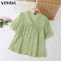 VONDA เสื้อสีทึบคอวีแขนโคมไฟสไตล์หวานสำหรับผู้หญิง,เสื้อเสื้อสตรีแต่งลูกไม้ลำลองสำหรับวันหยุด (ลำลองสไตล์เกาหลี) #2