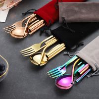 Portable Travel Dinneware Set Stainless Steel Reusable Cutlery Set Spoon Fork Chopsticks Set Metal Straw Pouch Carry Bag Kit