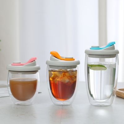 【CW】✥﹍♈  Leak Proof Wall Glass Cup With Airtight Silica Gel Lid Insulated Mug Juice Egg-Shaped