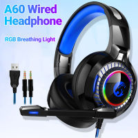 เฮดโฟนแบบมีสายอีสปอร์ตขนาด3.5มม. ไฟสัญญาณ RGB ลดเสียงรบกวน Hi-Fi เฮดโฟนแบบมีสาย A60กับไมโครโฟน