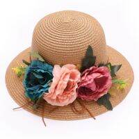 Women Flowers Straw Hat Outdoor Sun Sunscreen Collapsible Beach Hat MZ015