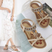 【Fast Shipping】Bohemian oversized flat bottomed floral rhinestone sandals with exposed toes for women wearing beach sandals