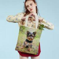 【Lanse store】Fashion MINI Yorkshire Dog Canvas Student Lady Shopping Handbag Reusable Double Print Cute Pet Animal Casual Tote Bag for Women